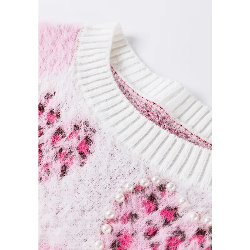 Pearl Detail Heart Round Neck Sweater - Tops