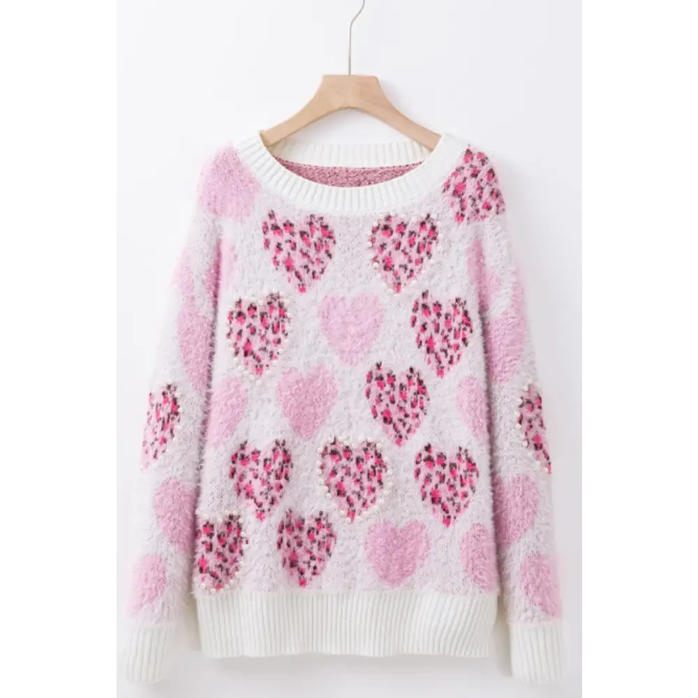 Pearl Detail Heart Round Neck Sweater - Tops