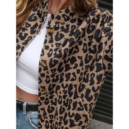 Perfee Leopard Button Up Long Sleeve Jacket - Tops