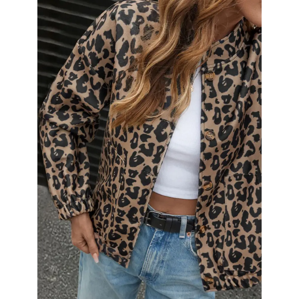 Perfee Leopard Button Up Long Sleeve Jacket - Tops