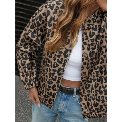 Perfee Leopard Button Up Long Sleeve Jacket - Tops