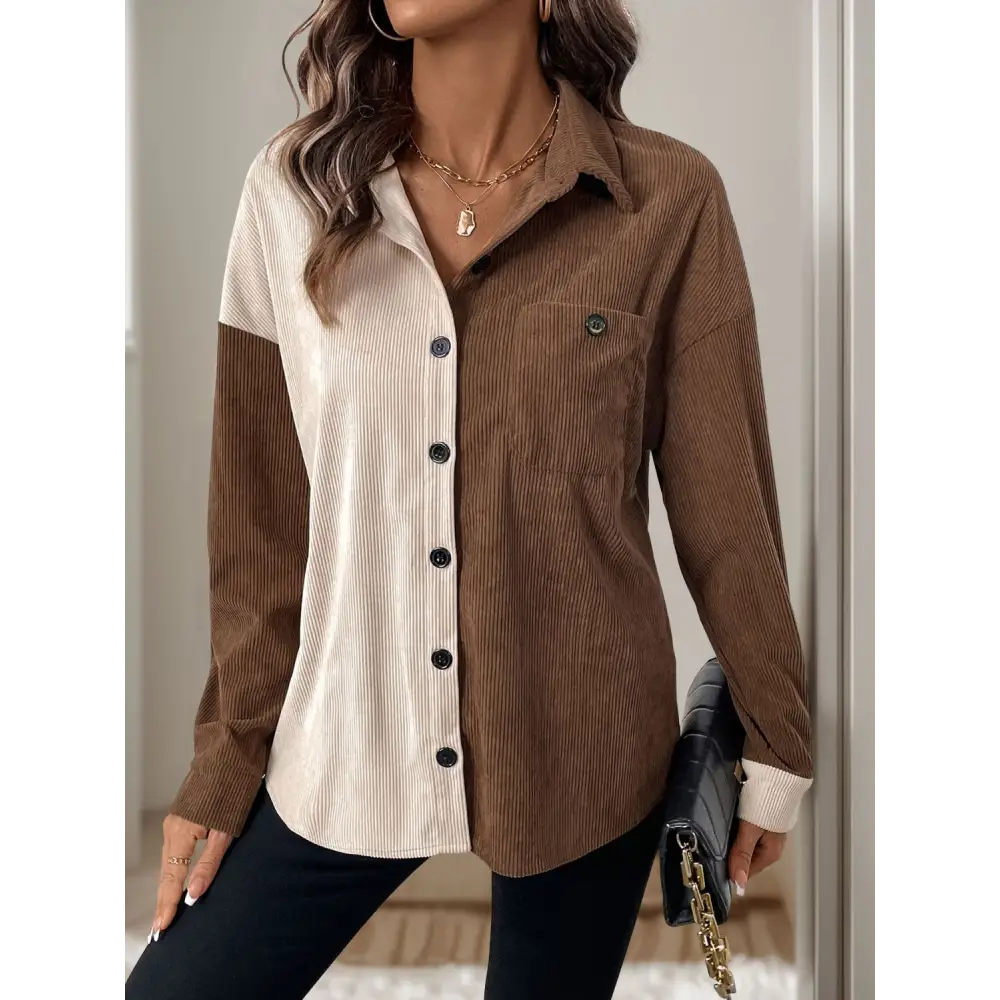 Perfee Pocketed Contrast Collared Neck Long Sleeve Shirt - Coffee Brown / S - Tops