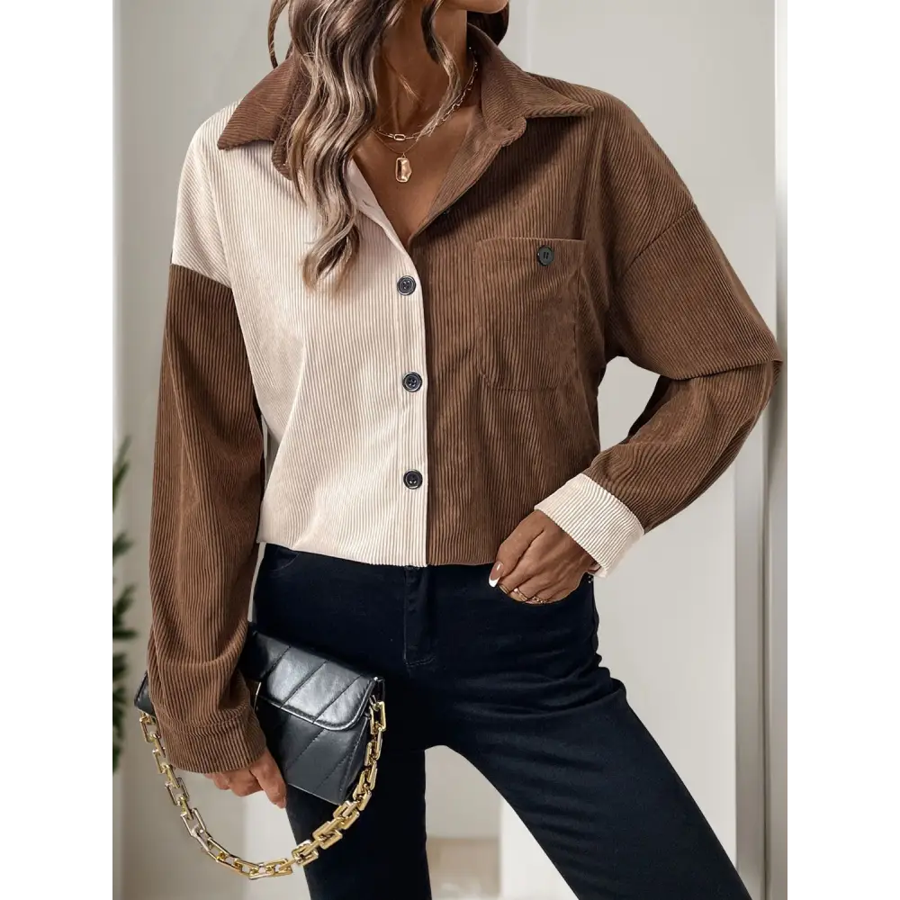 Perfee Pocketed Contrast Collared Neck Long Sleeve Shirt - Tops