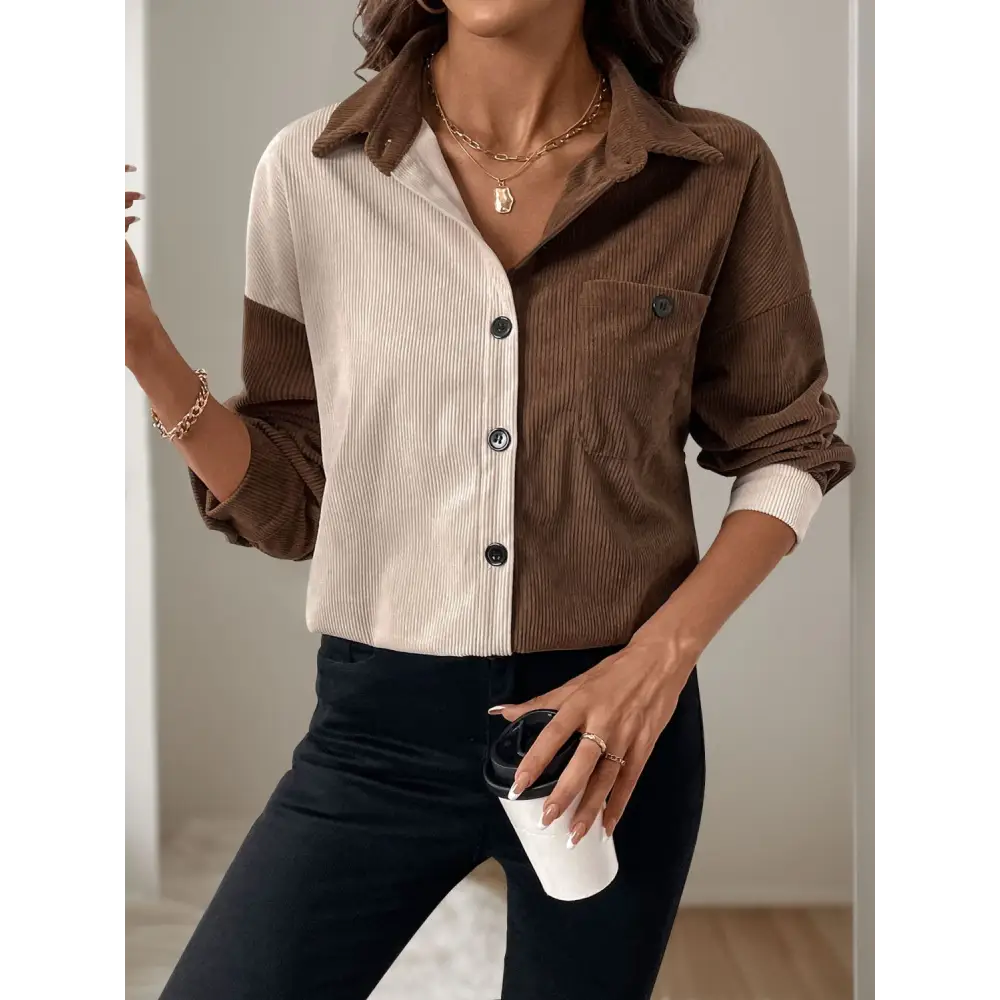 Perfee Pocketed Contrast Collared Neck Long Sleeve Shirt - Tops