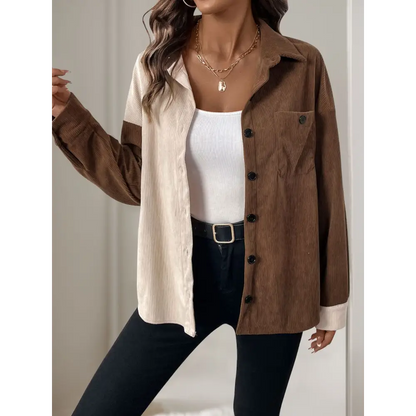 Perfee Pocketed Contrast Collared Neck Long Sleeve Shirt - Tops