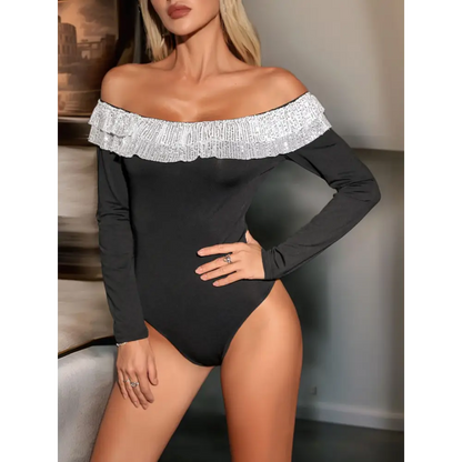 Perfee Sequin Ruffled Off-Shoulder Long Sleeve Bodysuit - Tops