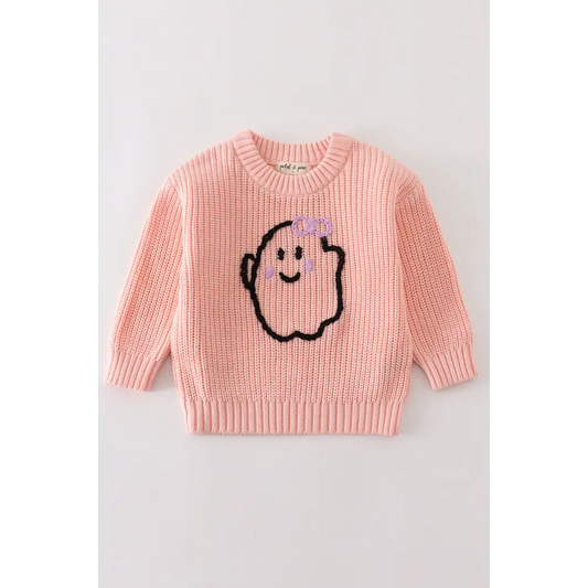 Pink hand-embroidery ghost pullover sweater - sweater