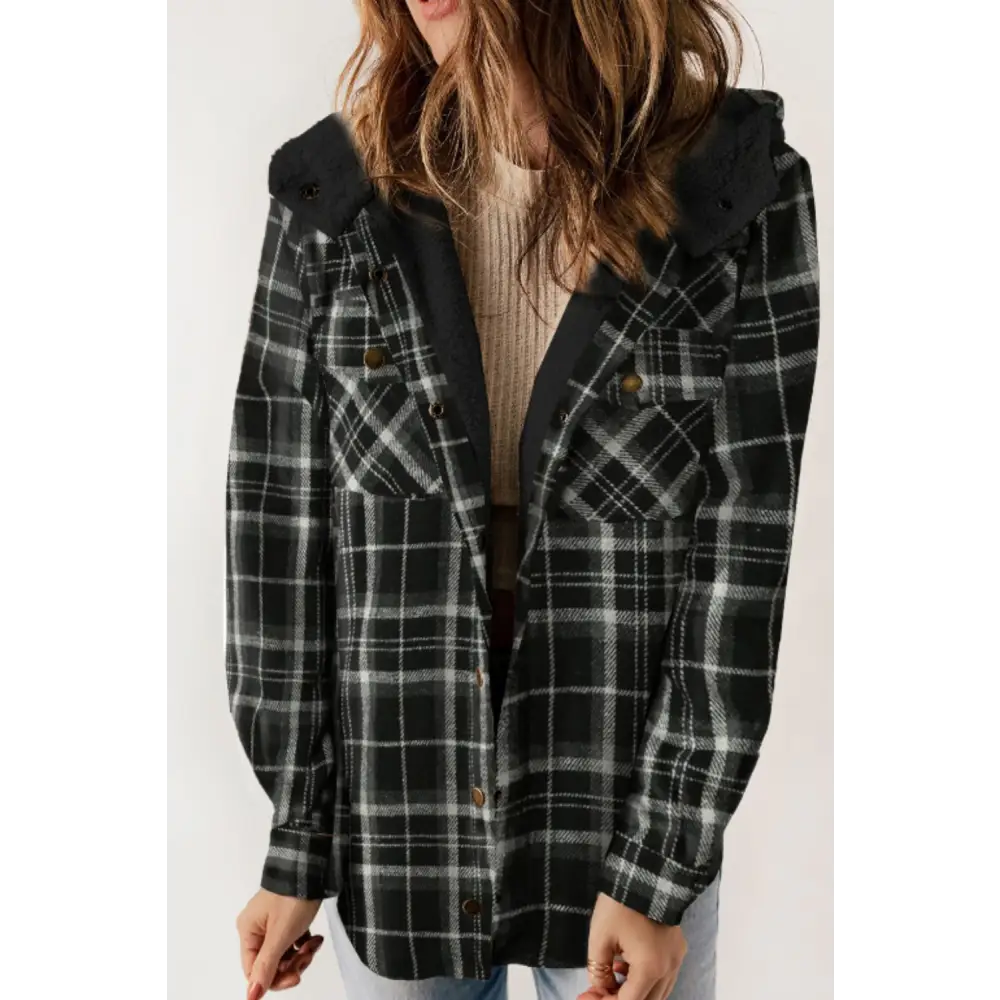 Plaid Button Up Long Sleeve Hooded Jacket - Black / S - Tops