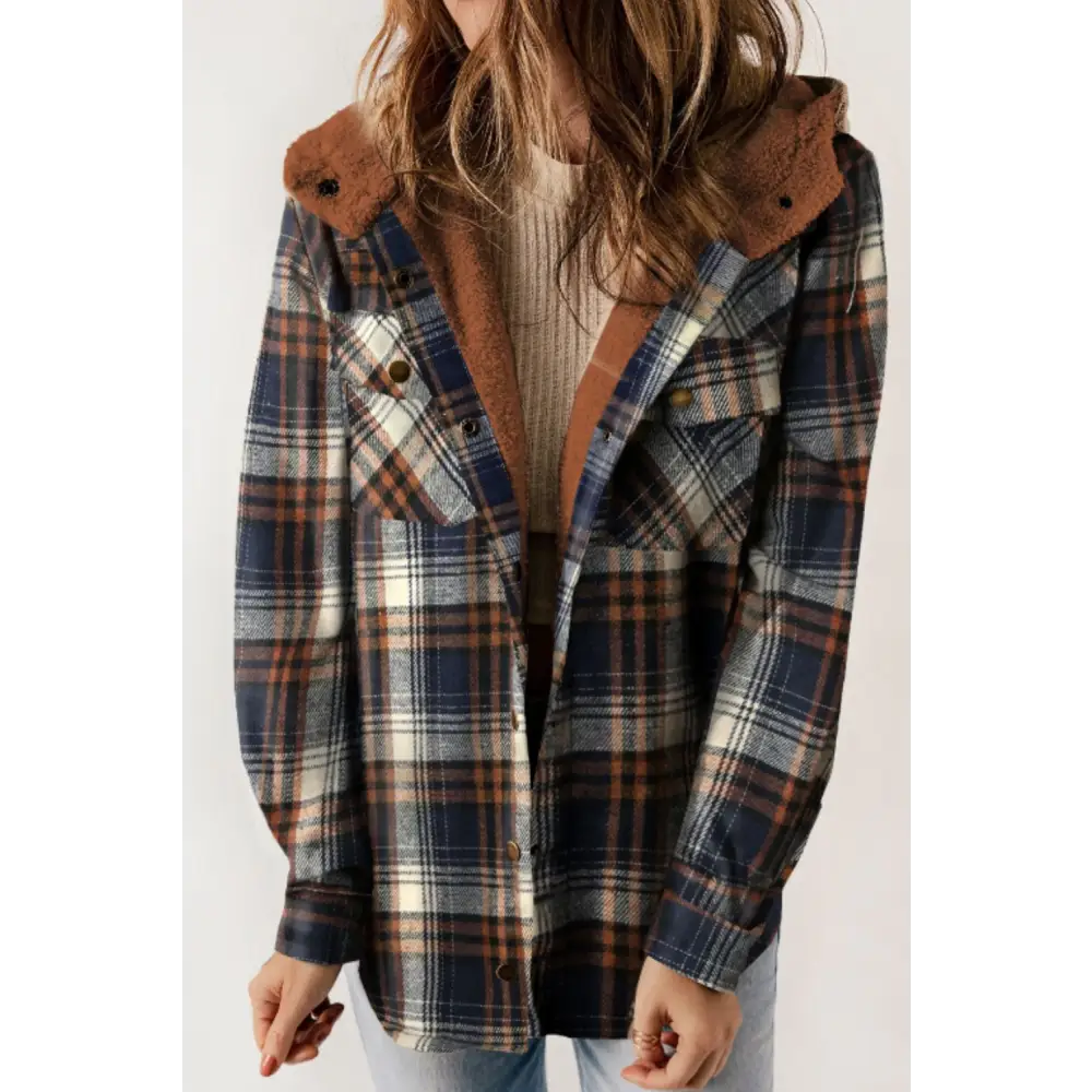 Plaid Button Up Long Sleeve Hooded Jacket - Dark Blue / S - Tops