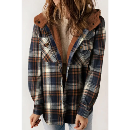 Plaid Button Up Long Sleeve Hooded Jacket - Dark Blue / S - Tops