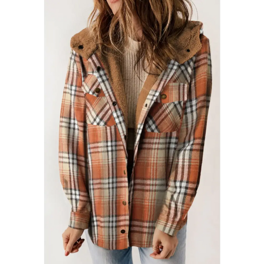 Plaid Button Up Long Sleeve Hooded Jacket - Tangerine / S - Tops