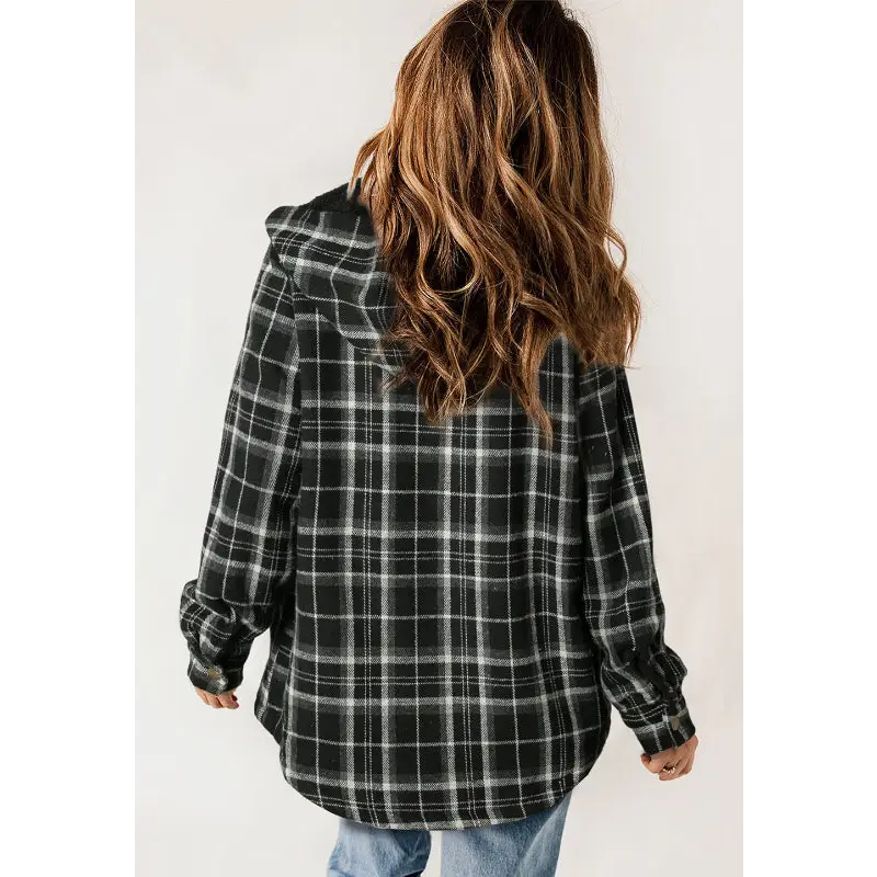 Plaid Button Up Long Sleeve Hooded Jacket - Tops