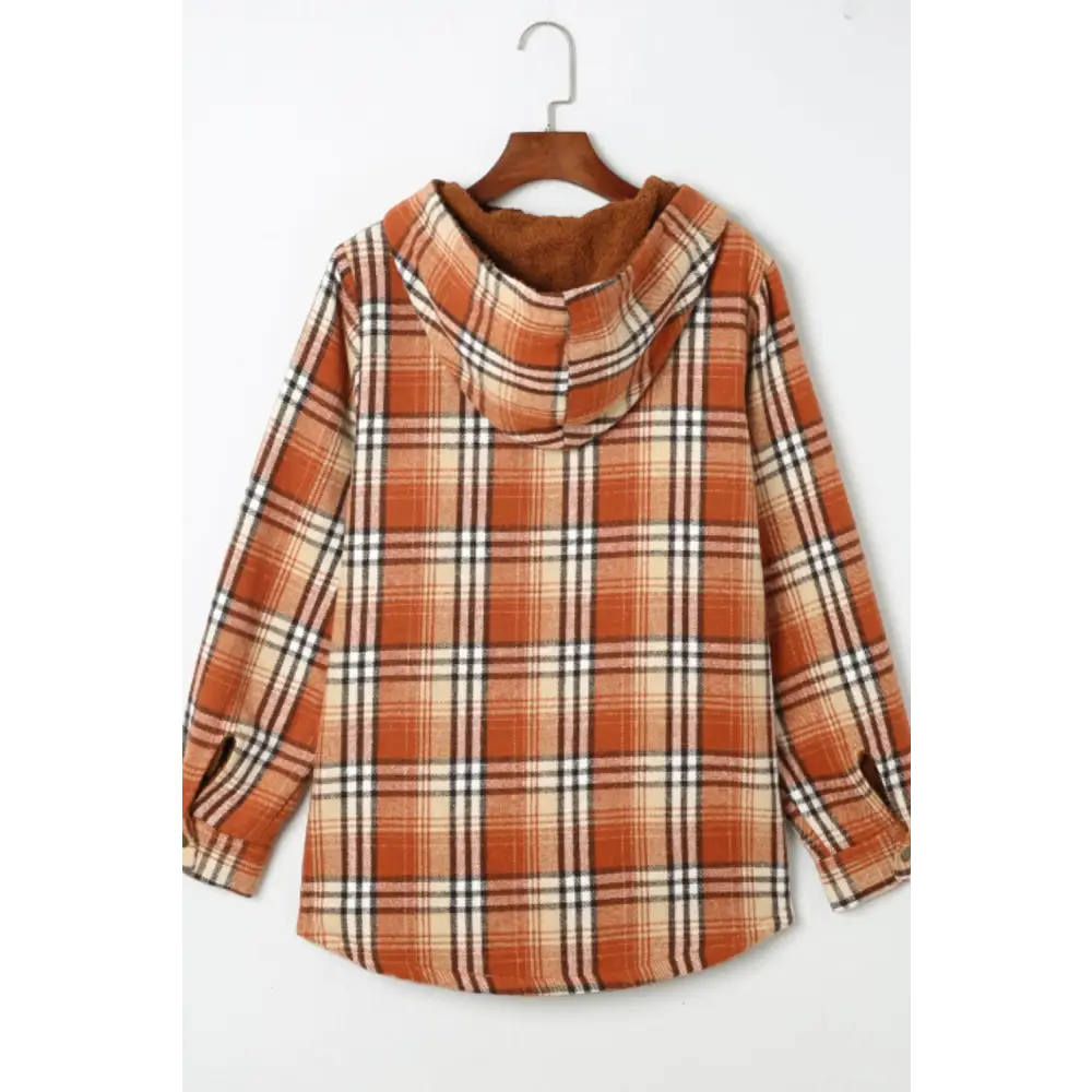 Plaid Button Up Long Sleeve Hooded Jacket - Tops