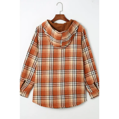 Plaid Button Up Long Sleeve Hooded Jacket - Tops