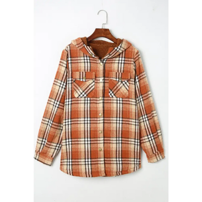 Plaid Button Up Long Sleeve Hooded Jacket - Tops