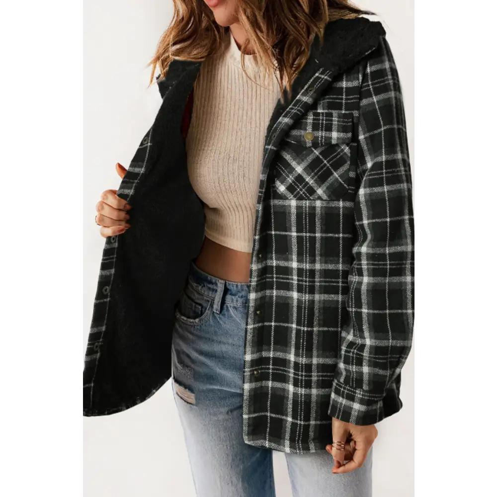 Plaid Button Up Long Sleeve Hooded Jacket - Tops