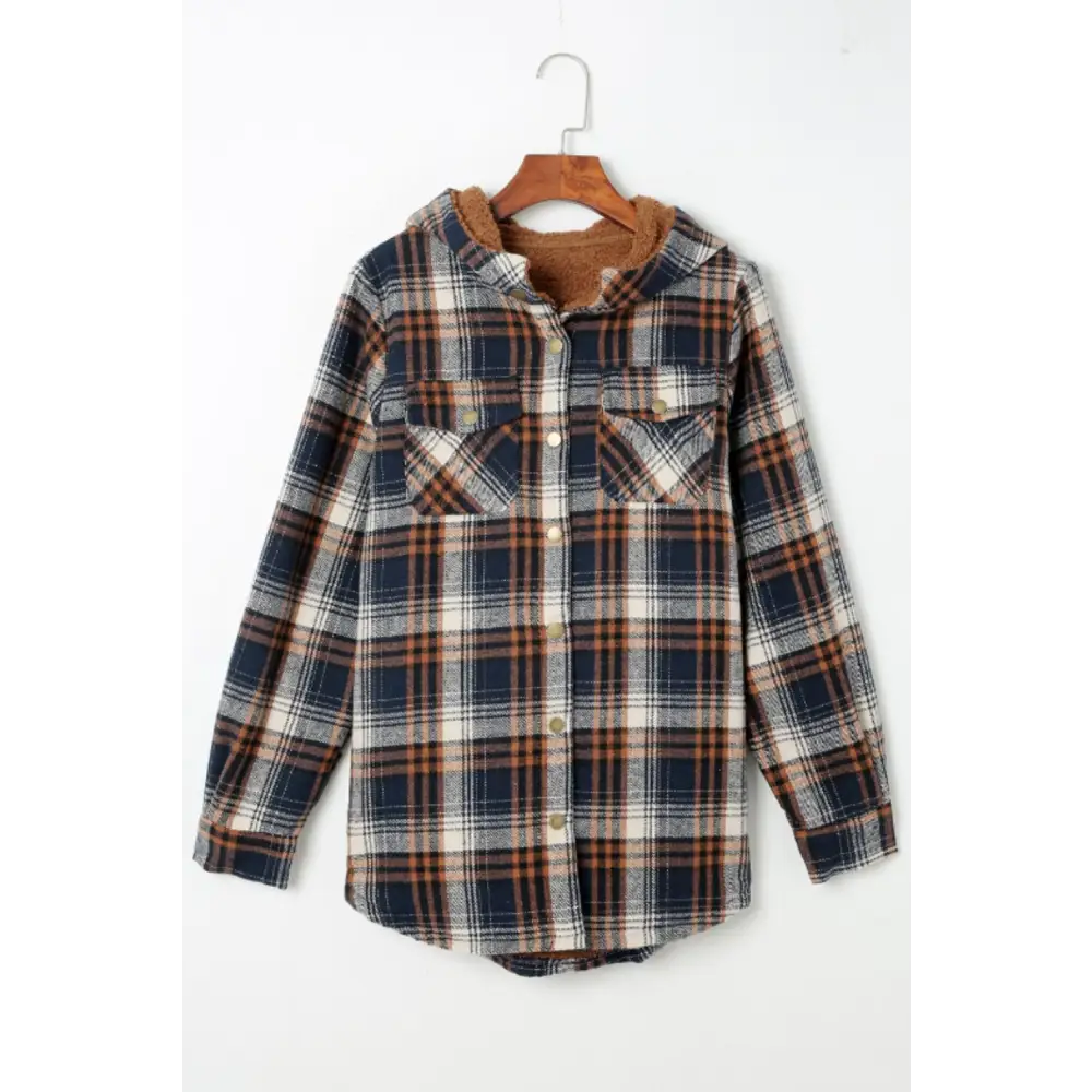 Plaid Button Up Long Sleeve Hooded Jacket - Tops