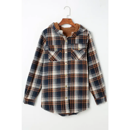 Plaid Button Up Long Sleeve Hooded Jacket - Tops