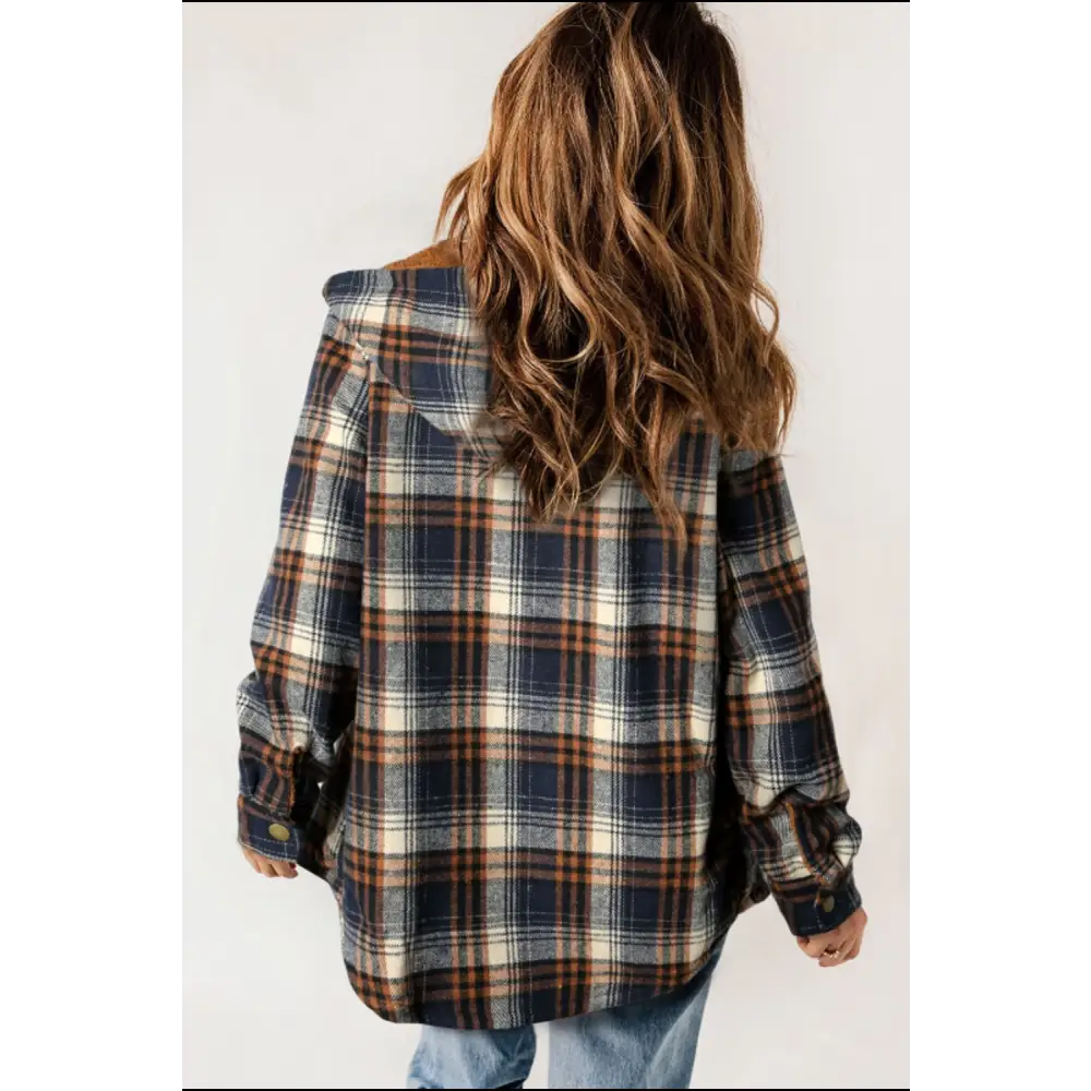 Plaid Button Up Long Sleeve Hooded Jacket - Tops