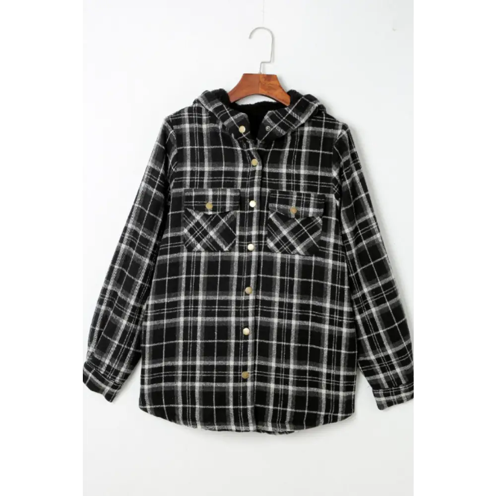 Plaid Button Up Long Sleeve Hooded Jacket - Tops