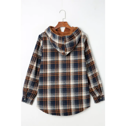 Plaid Button Up Long Sleeve Hooded Jacket - Tops