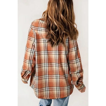 Plaid Button Up Long Sleeve Hooded Jacket - Tops