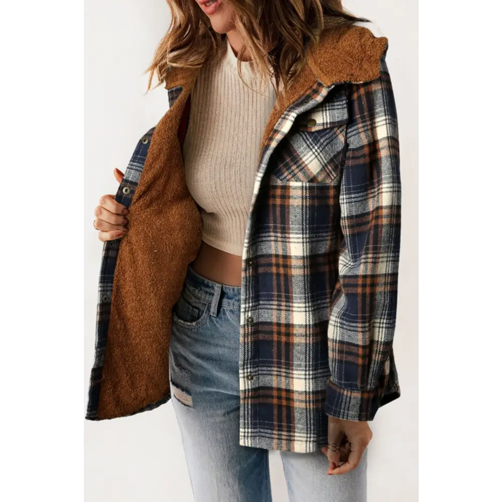 Plaid Button Up Long Sleeve Hooded Jacket - Tops