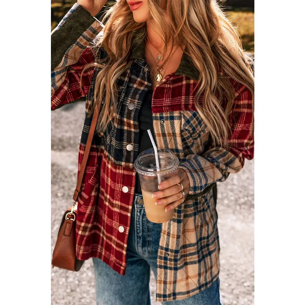 Plaid Button Up Long Sleeve Jacket - Plaid / S - Tops