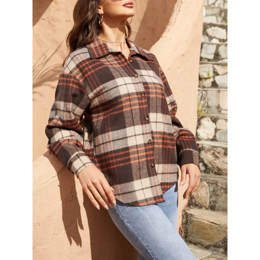 Plaid Button Up Long Sleeve Jacket - Tops