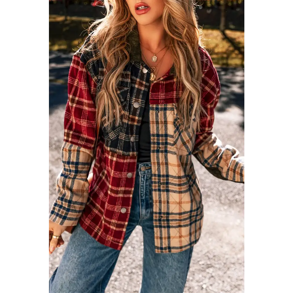 Plaid Button Up Long Sleeve Jacket - Tops