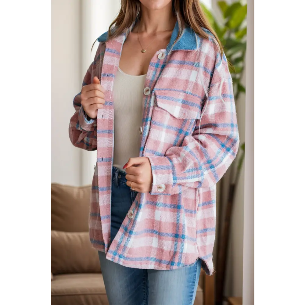 Plaid Collared Neck Long Sleeve Jacket - Dusty Pink / S - Tops