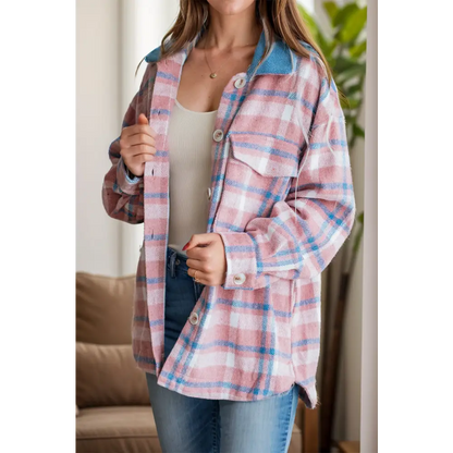 Plaid Collared Neck Long Sleeve Jacket - Dusty Pink / S - Tops