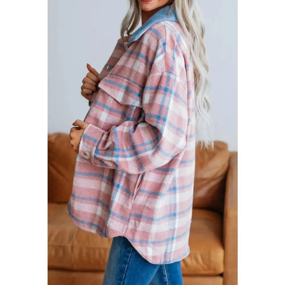 Plaid Collared Neck Long Sleeve Jacket - Tops