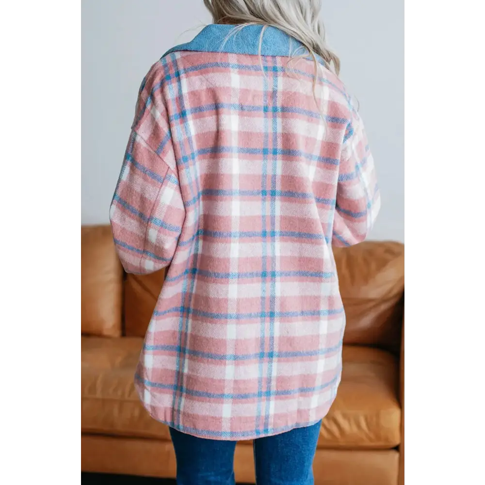 Plaid Collared Neck Long Sleeve Jacket - Tops