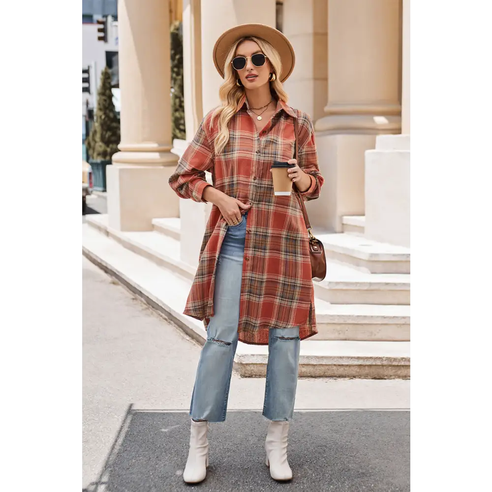 Plaid Collared Neck Long Sleeve Shirt - Madi Gray Boutique