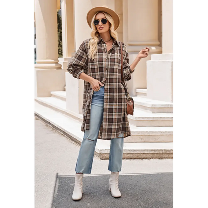 Plaid Collared Neck Long Sleeve Shirt - Madi Gray Boutique