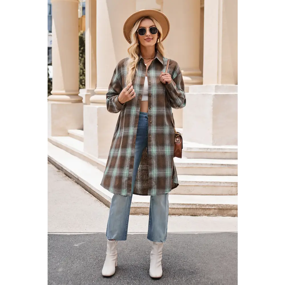 Plaid Collared Neck Long Sleeve Shirt - Madi Gray Boutique