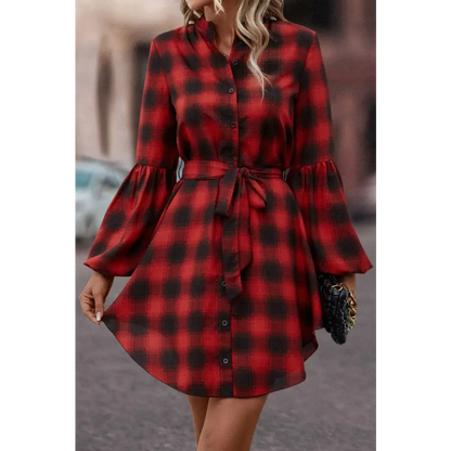 Plaid Tie Waist Balloon Sleeve Mini Dress - Madi Gray Boutique