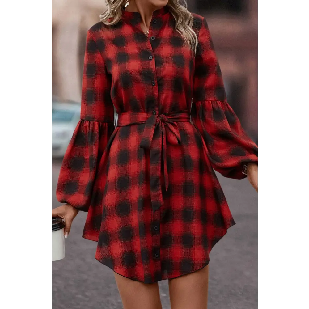 Plaid Tie Waist Balloon Sleeve Mini Dress - Madi Gray Boutique