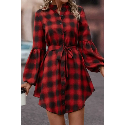 Plaid Tie Waist Balloon Sleeve Mini Dress - Madi Gray Boutique