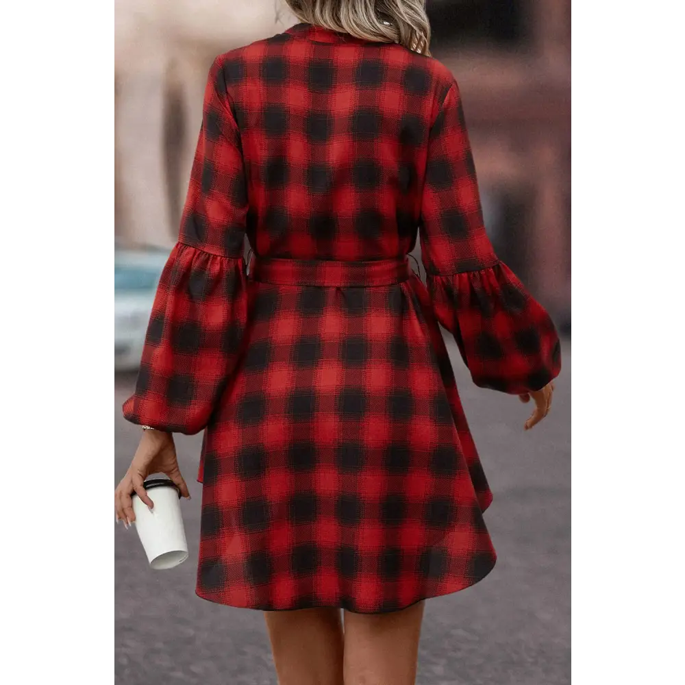 Plaid Tie Waist Balloon Sleeve Mini Dress - Madi Gray Boutique