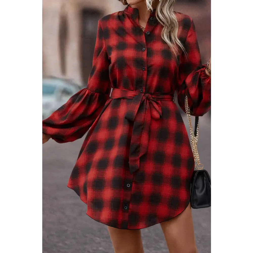 Plaid Tie Waist Balloon Sleeve Mini Dress - Madi Gray Boutique