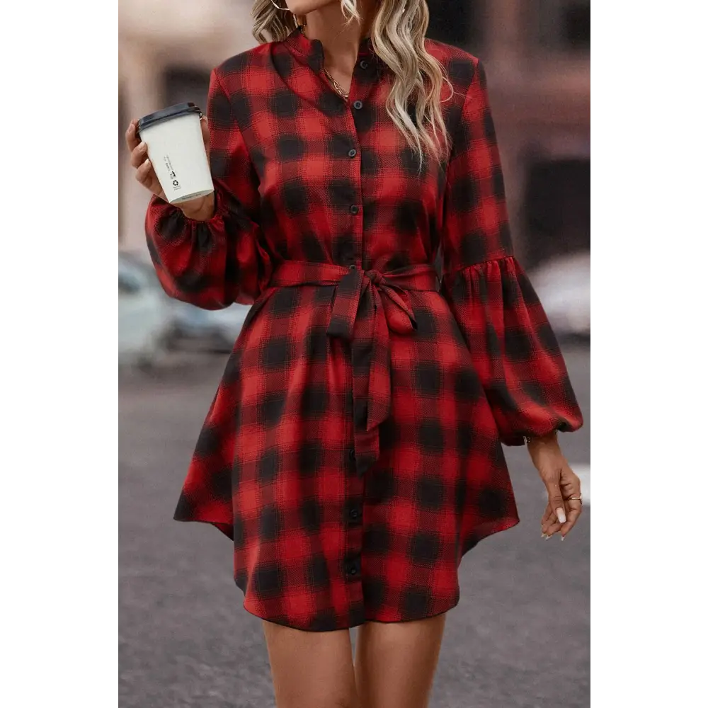 Plaid Tie Waist Balloon Sleeve Mini Dress - Madi Gray Boutique