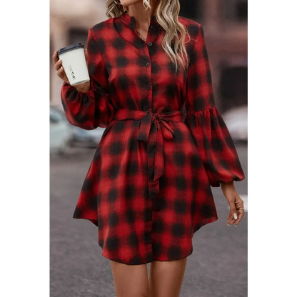 Plaid Tie Waist Balloon Sleeve Mini Dress - Madi Gray Boutique