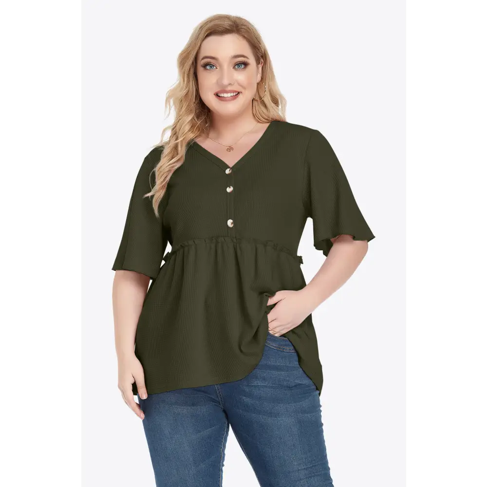 Plus Size Buttoned V-Neck Frill Trim Babydoll Blouse - Madi Gray Boutique