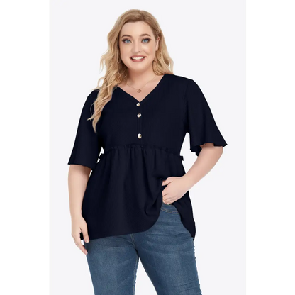 Plus Size Buttoned V-Neck Frill Trim Babydoll Blouse - Madi Gray Boutique