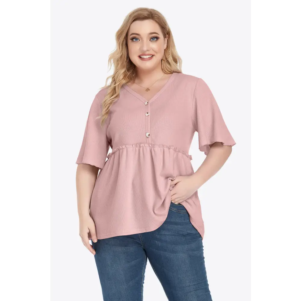 Plus Size Buttoned V-Neck Frill Trim Babydoll Blouse - Madi Gray Boutique