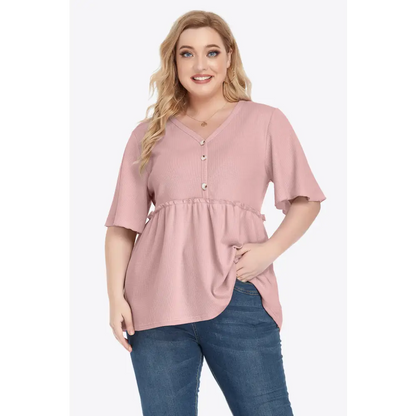 Plus Size Buttoned V-Neck Frill Trim Babydoll Blouse - Madi Gray Boutique