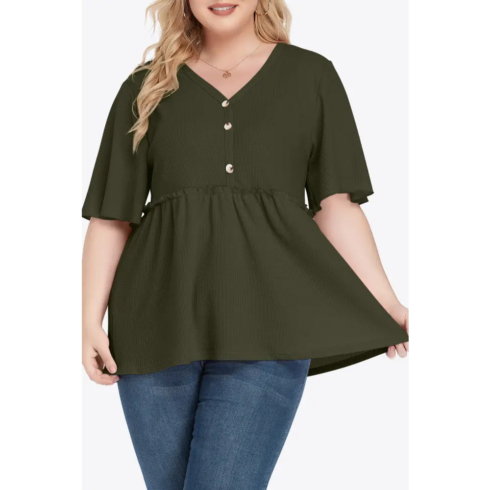 Plus Size Buttoned V-Neck Frill Trim Babydoll Blouse - Madi Gray Boutique