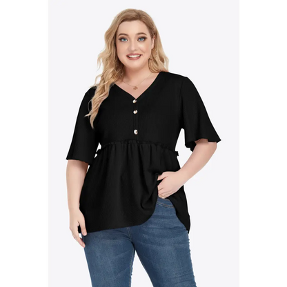 Plus Size Buttoned V-Neck Frill Trim Babydoll Blouse - Madi Gray Boutique